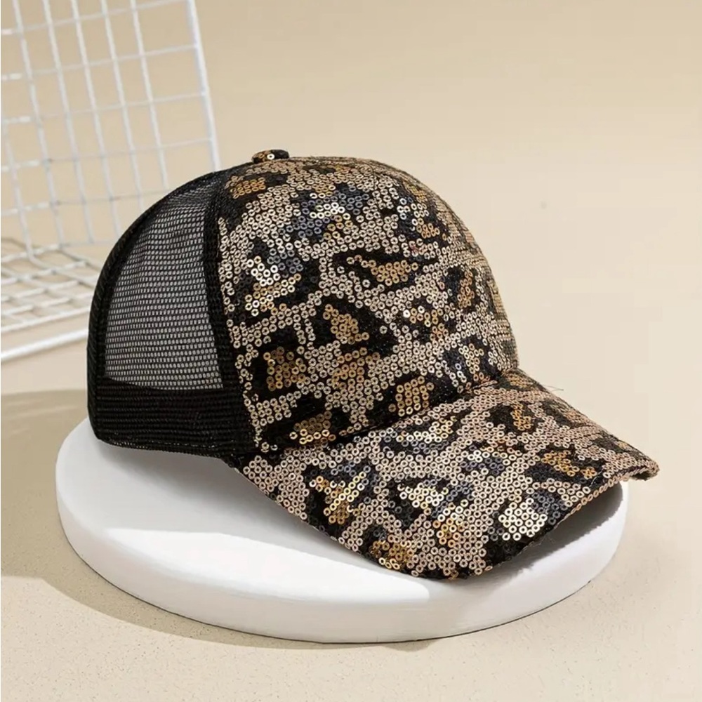Sequin Leopard Trucker Hat Mesh Classic Baseball Cap Lightweight Adjustable